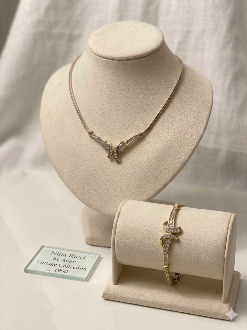 Nina Ricci Gold Crystal V-Detail Necklace and Bracelet Set